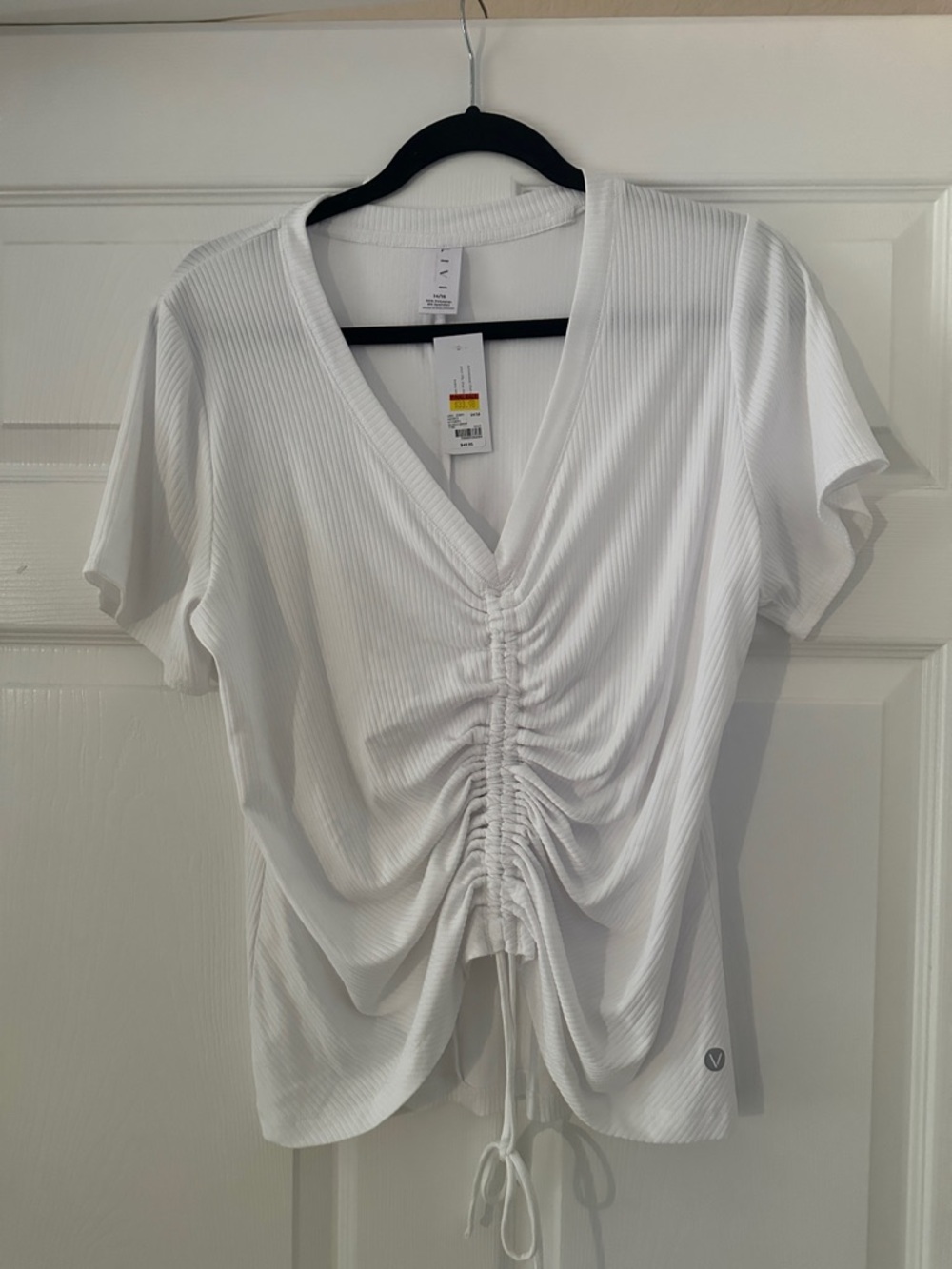 Lane Bryant White Ribbed V-Neck Drawstring Ruched Top